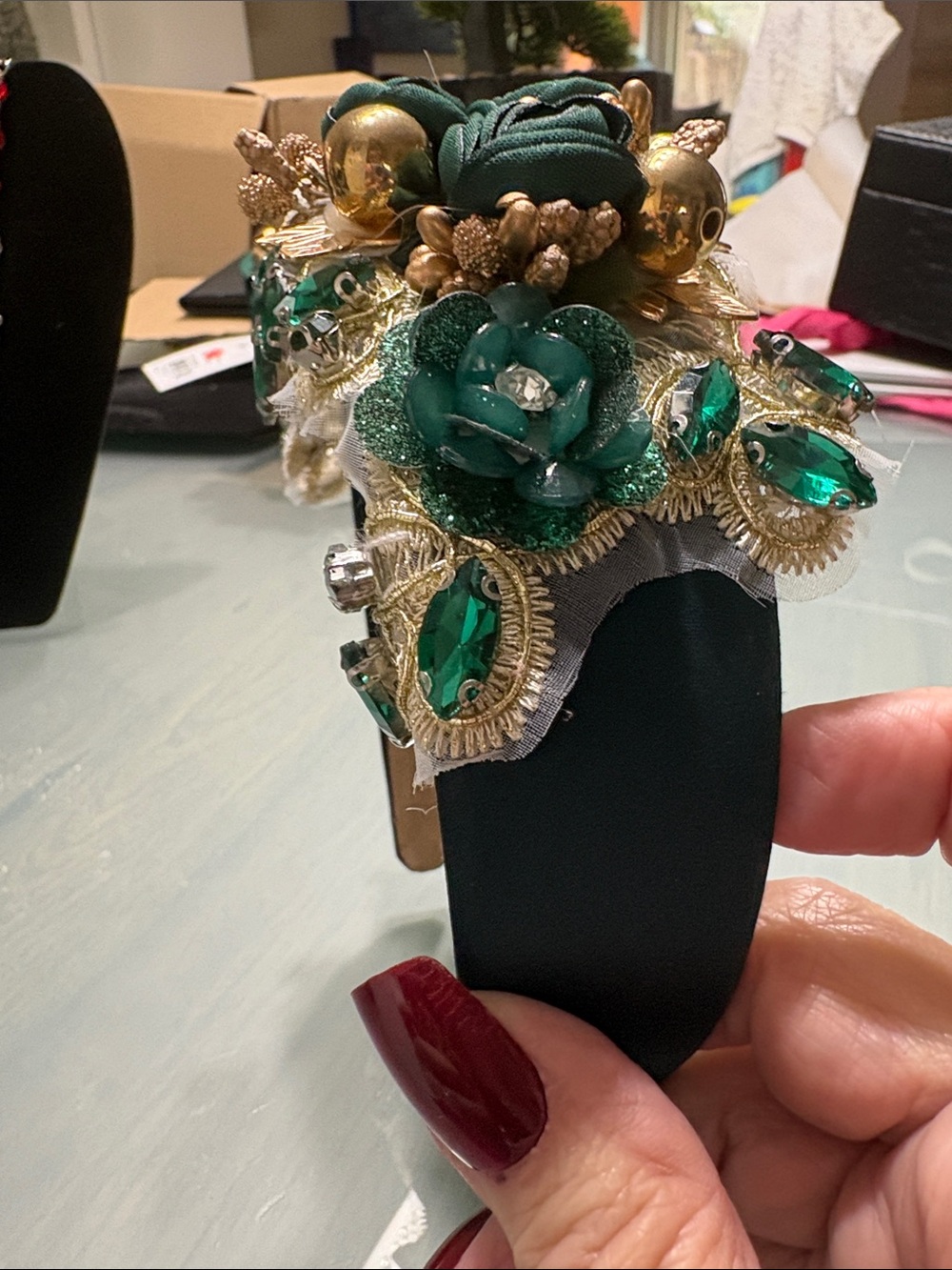 Embellished Green Floral Statement Headband with Gold Accents